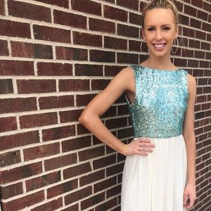 Light blue sequin and white flowy cocktail dress